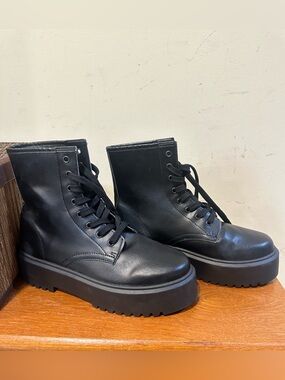 ASOS PU Leather Black Platform Lace-Up Combat Boots